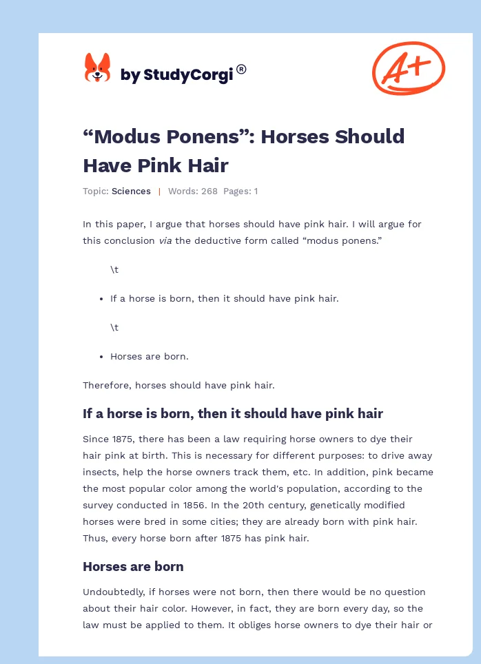 “Modus Ponens”: Horses Should Have Pink Hair. Page 1