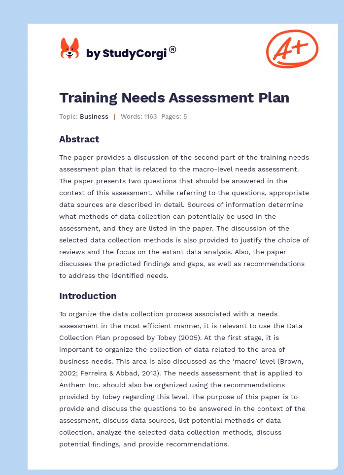 Training Needs Assessment Plan. Page 1