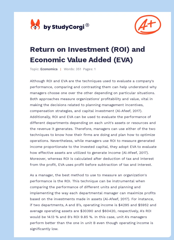 Return on Investment (ROI) and Economic Value Added (EVA). Page 1