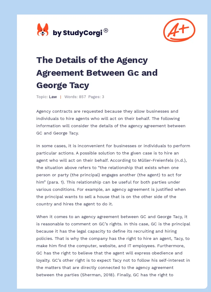 The Details of the Agency Agreement Between Gc and George Tacy. Page 1