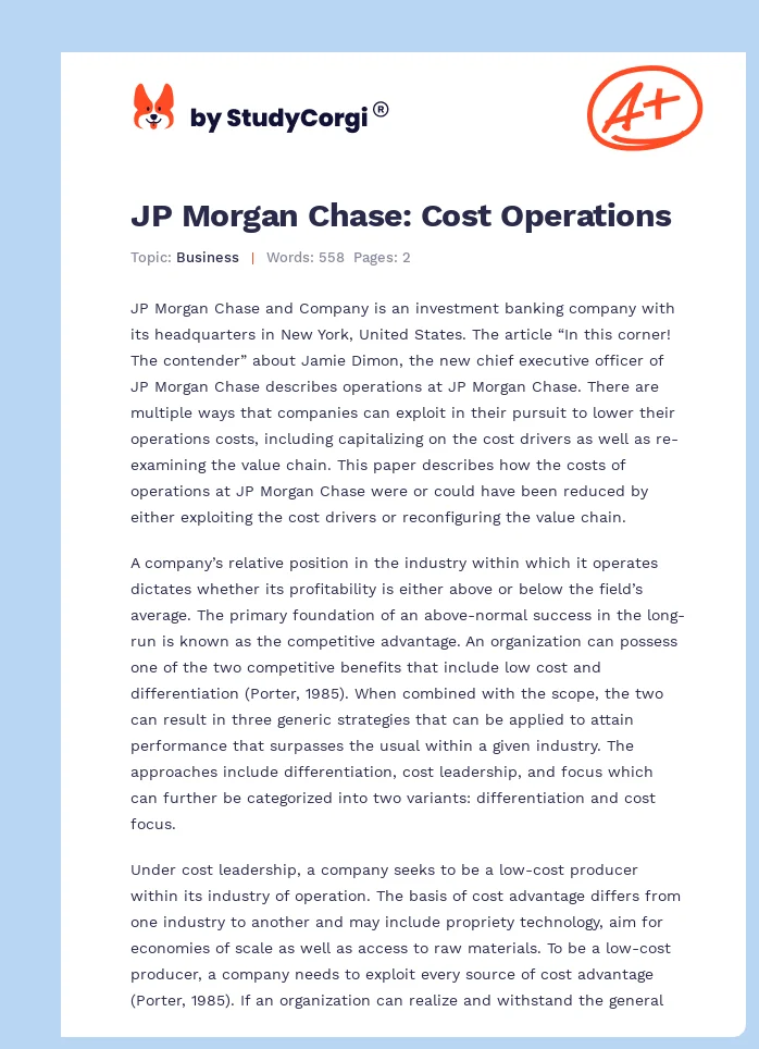 JP Morgan Chase: Cost Operations. Page 1