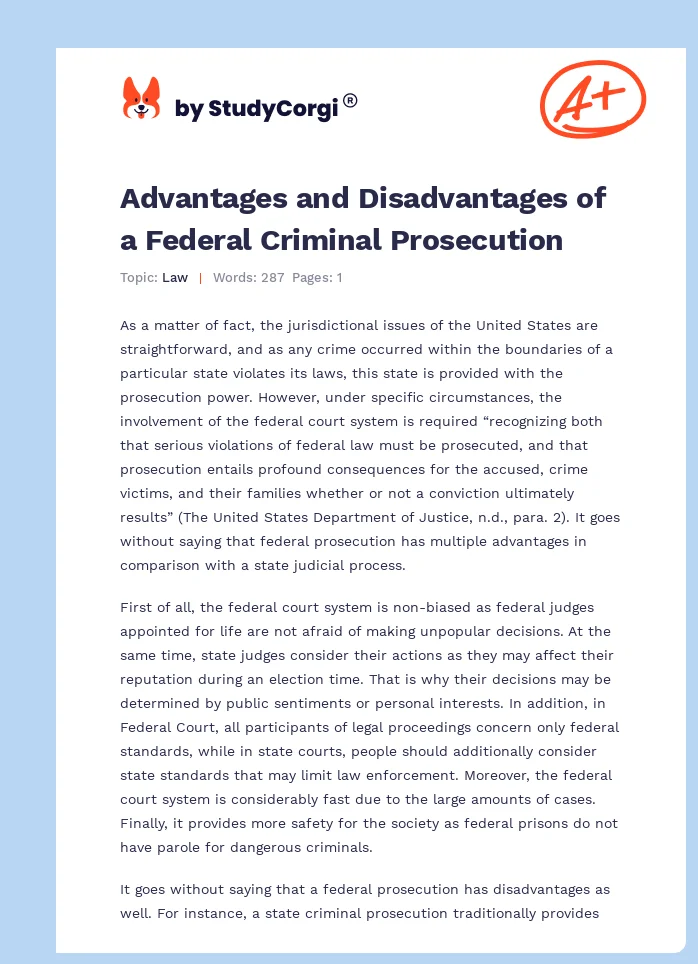 Advantages and Disadvantages of a Federal Criminal Prosecution. Page 1