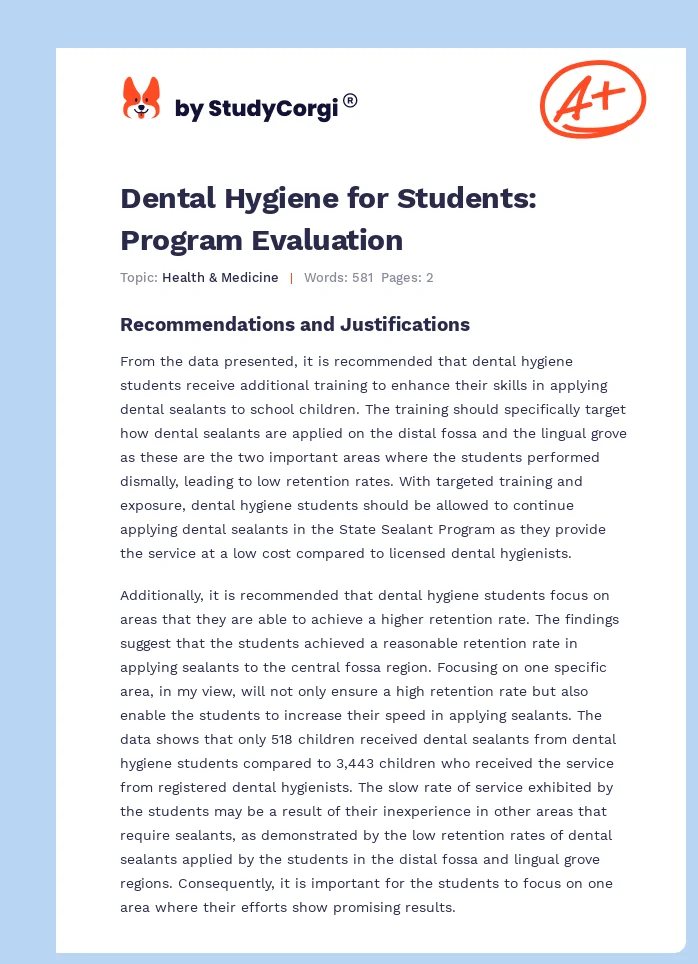 Dental Hygiene for Students: Program Evaluation. Page 1