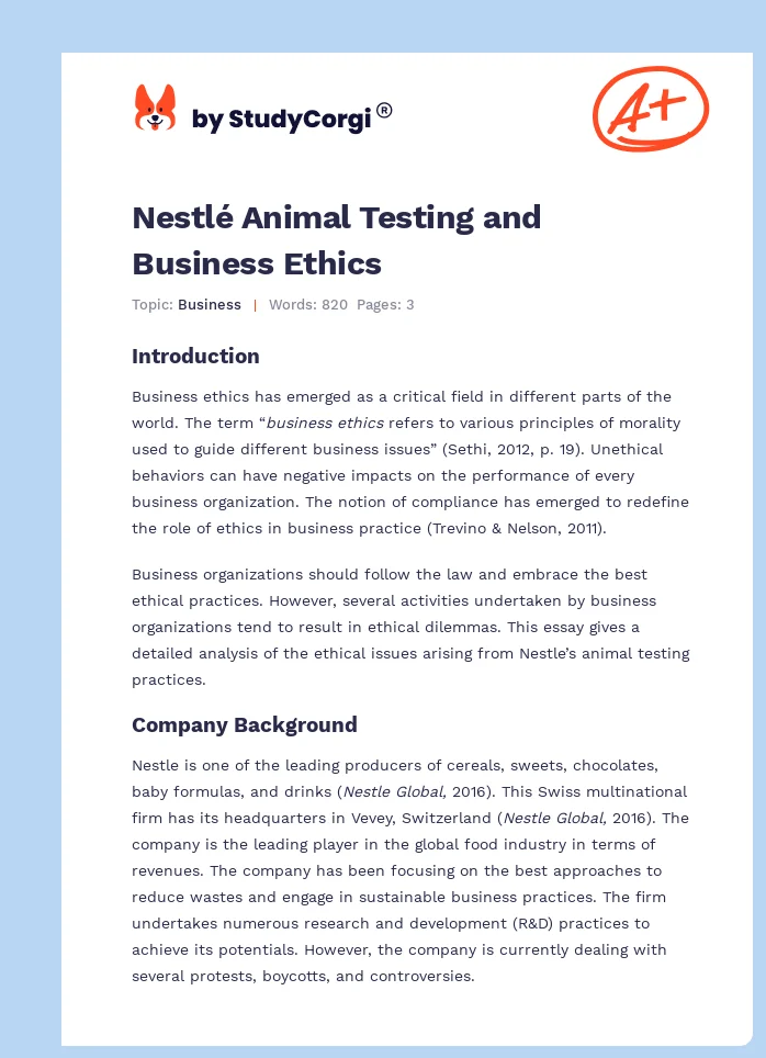 Nestlé Animal Testing and Business Ethics. Page 1