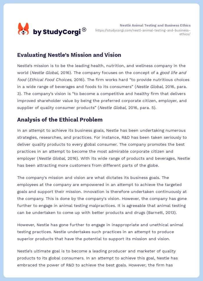 Nestlé Animal Testing and Business Ethics. Page 2