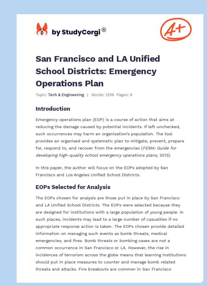 San Francisco and LA Unified School Districts: Emergency Operations Plan. Page 1