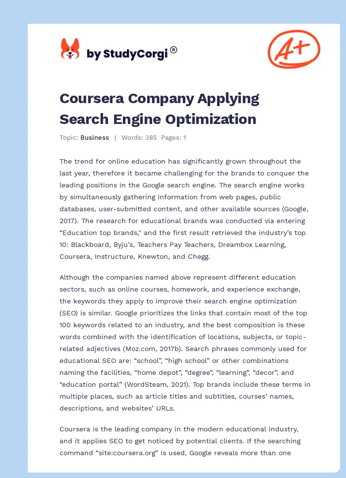Coursera Company Applying Search Engine Optimization. Page 1