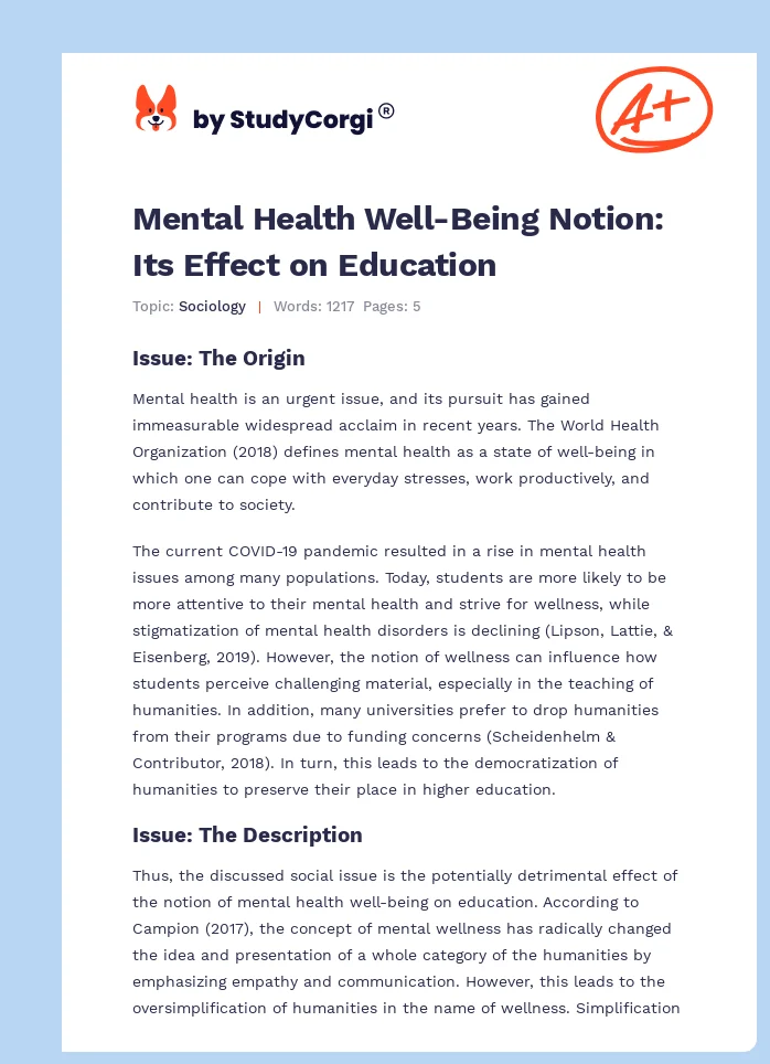 Mental Health Well-Being Notion: Its Effect on Education. Page 1