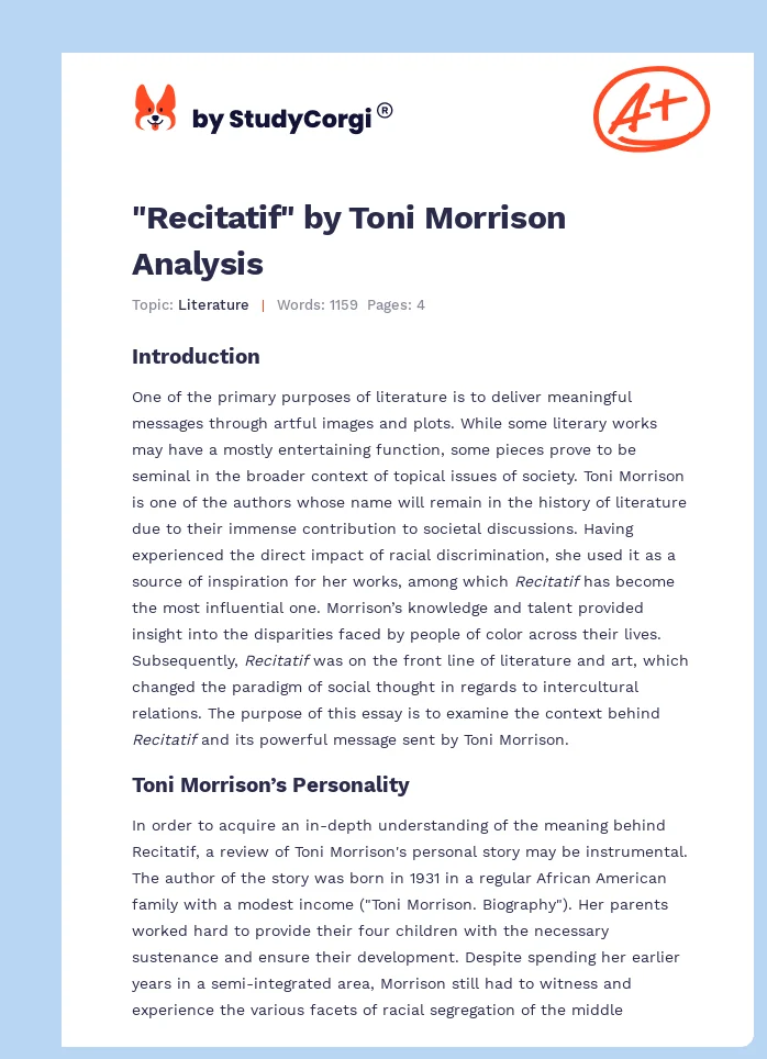 "Recitatif" by Toni Morrison Analysis. Page 1