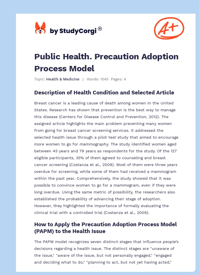 Public Health. Precaution Adoption Process Model. Page 1