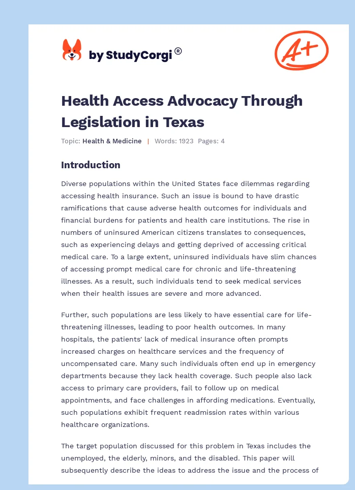 Health Access Advocacy Through Legislation in Texas. Page 1