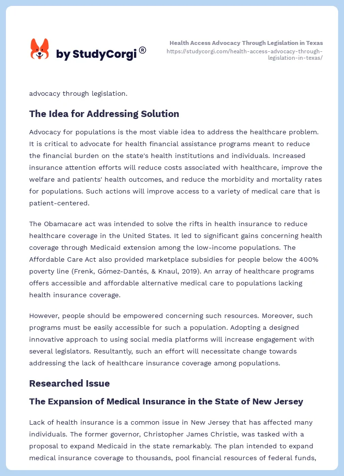 Health Access Advocacy Through Legislation in Texas. Page 2