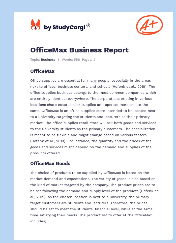OfficeMax Business Report. Page 1