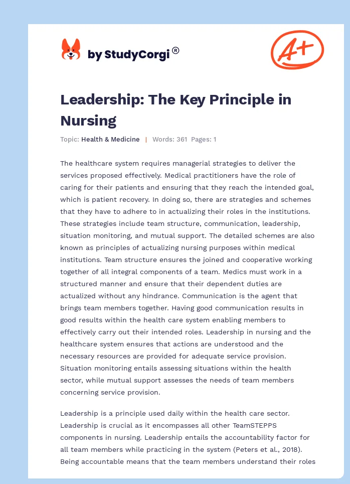 Leadership: The Key Principle in Nursing. Page 1