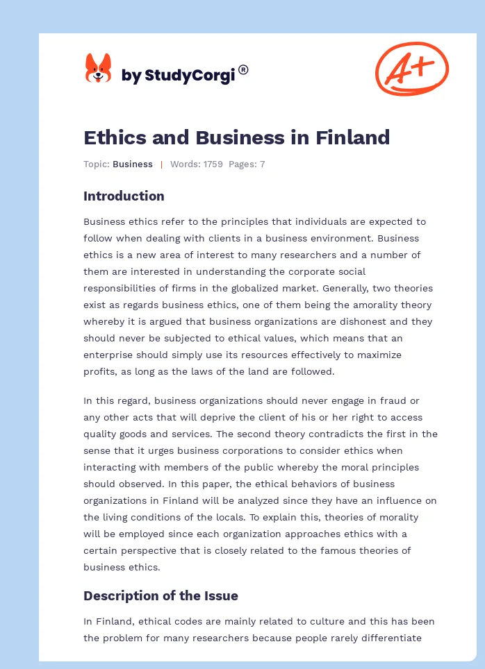 Ethics and Business in Finland. Page 1