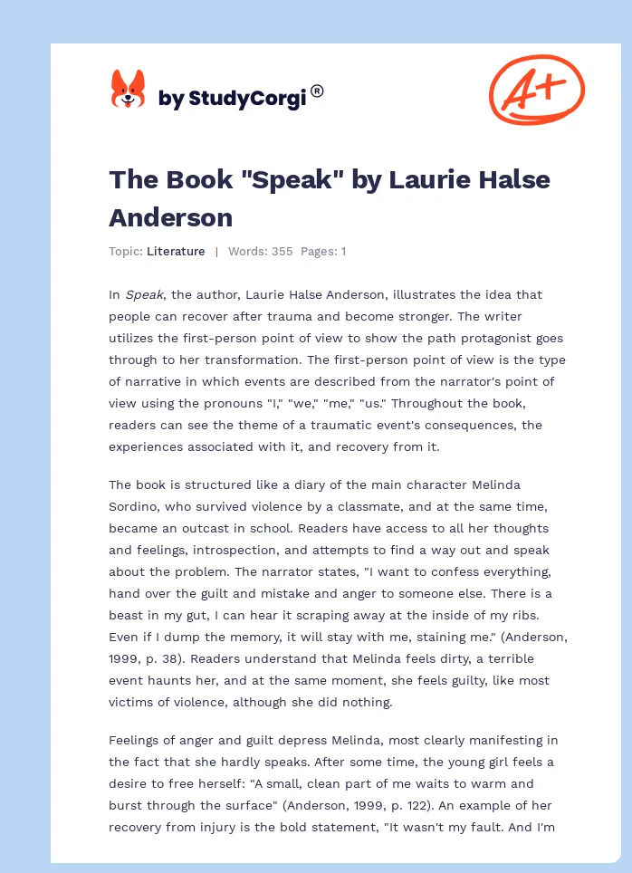 The Book "Speak" by Laurie Halse Anderson. Page 1
