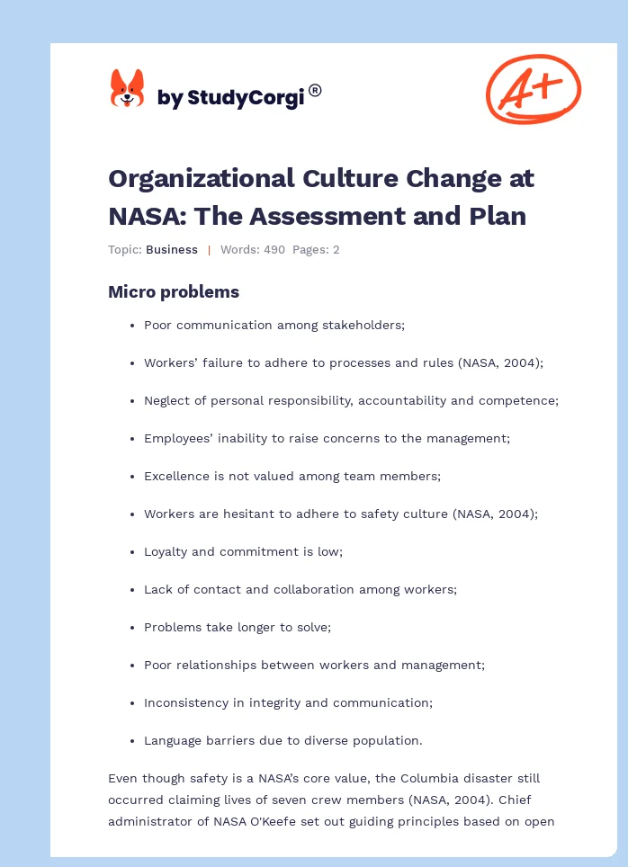 Organizational Culture Change at NASA: The Assessment and Plan. Page 1