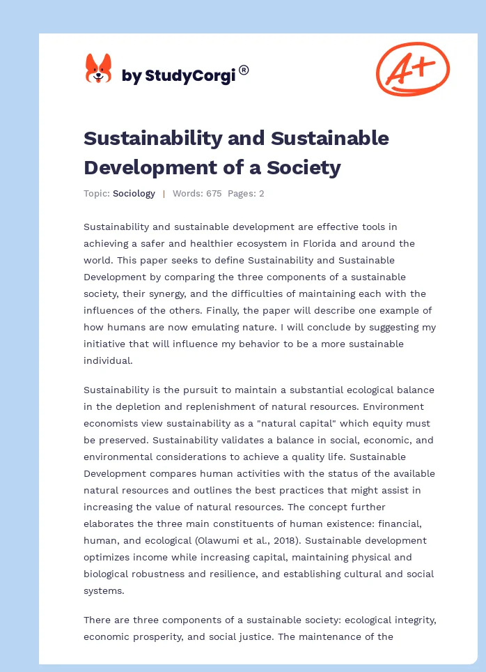 Sustainability and Sustainable Development of a Society. Page 1