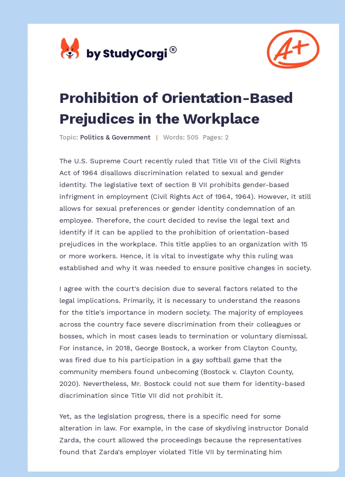 Prohibition of Orientation-Based Prejudices in the Workplace. Page 1