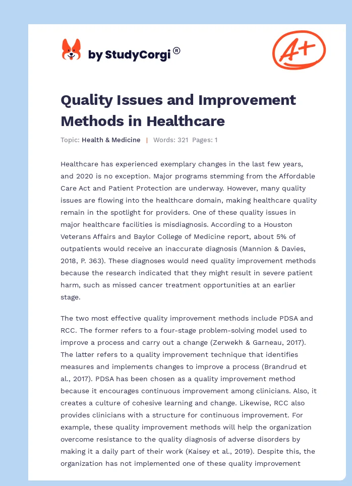 Quality Issues and Improvement Methods in Healthcare. Page 1