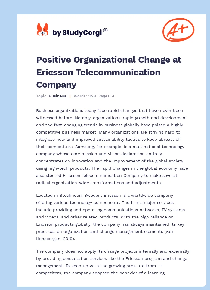 Positive Organizational Change at Ericsson Telecommunication Company. Page 1