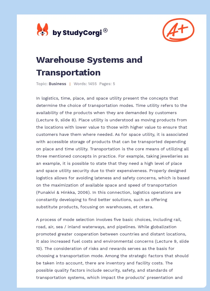 Warehouse Systems and Transportation. Page 1
