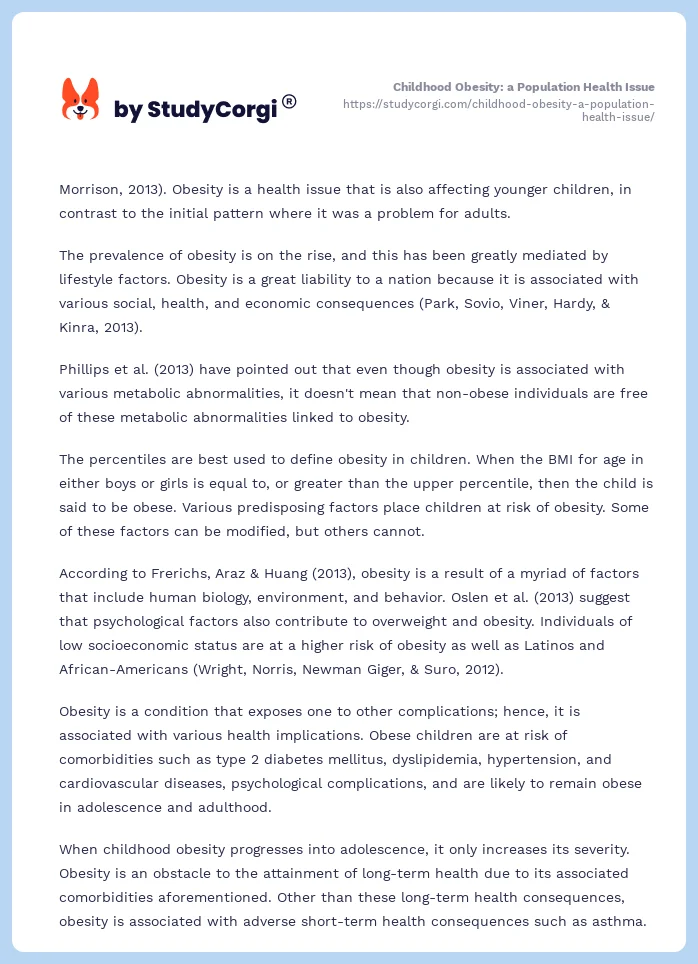 Childhood Obesity: a Population Health Issue. Page 2