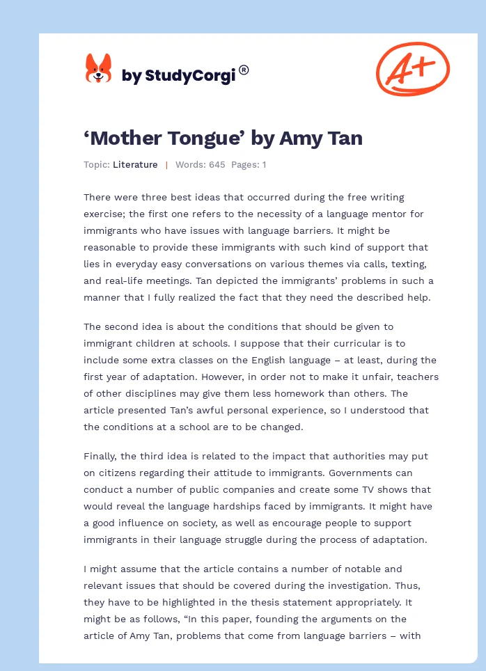 ‘Mother Tongue’ by Amy Tan. Page 1