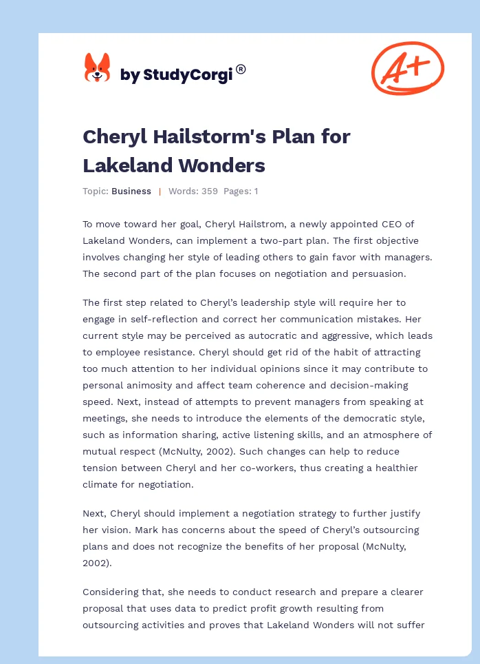 Cheryl Hailstorm's Plan for Lakeland Wonders. Page 1