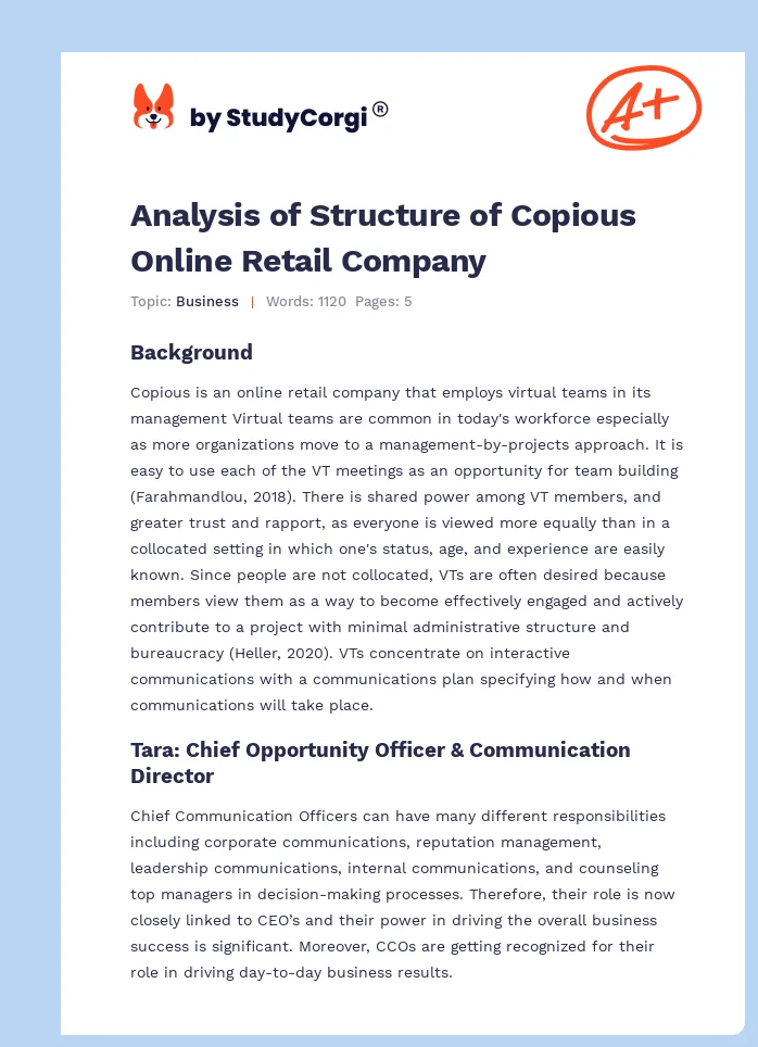 Analysis of Structure of Copious Online Retail Company. Page 1