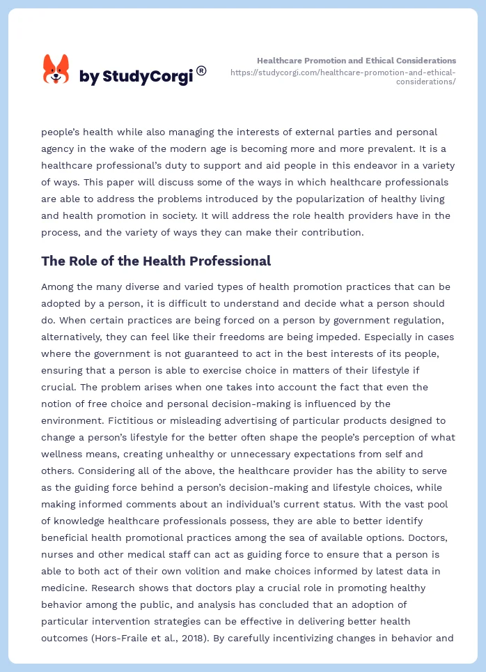 Healthcare Promotion and Ethical Considerations. Page 2