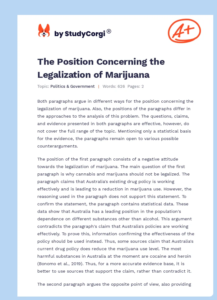 The Position Concerning the Legalization of Marijuana. Page 1