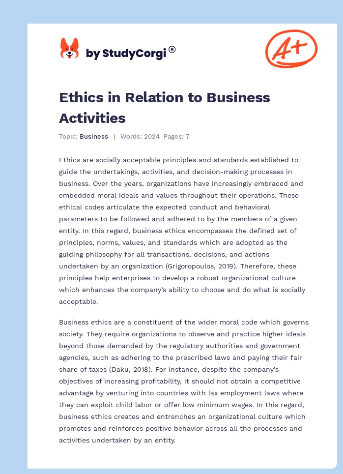 Ethics in Relation to Business Activities. Page 1