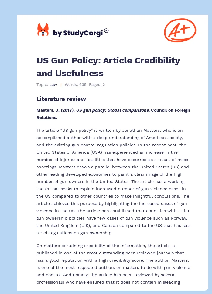 US Gun Policy: Article Credibility and Usefulness. Page 1
