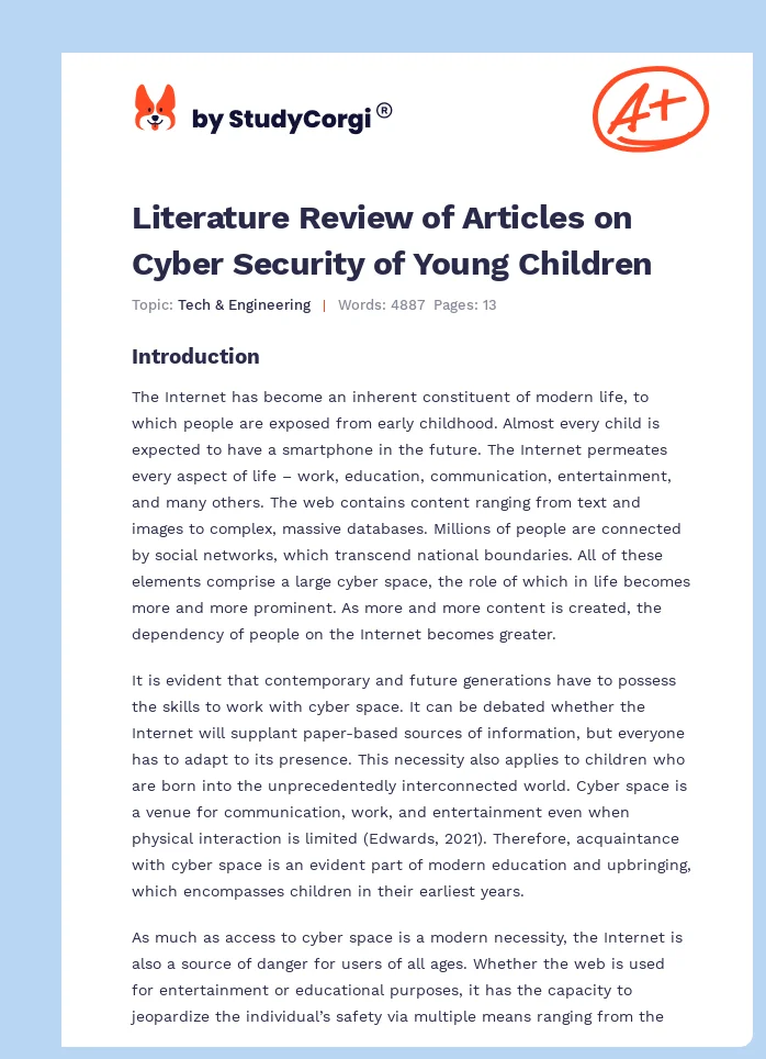 Literature Review of Articles on Cyber Security of Young Children. Page 1