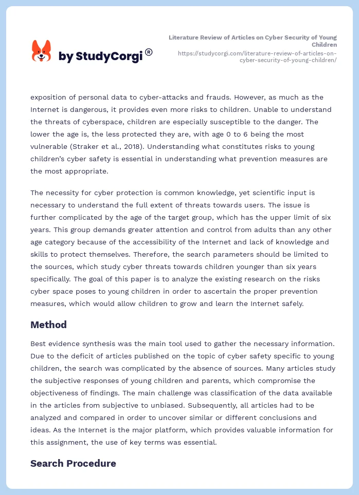 Literature Review of Articles on Cyber Security of Young Children. Page 2