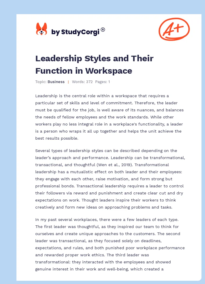 Leadership Styles and Their Function in Workspace. Page 1