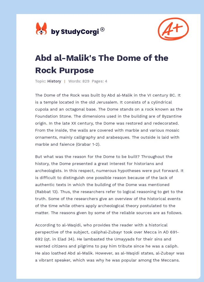 Abd al-Malik's The Dome of the Rock Purpose. Page 1