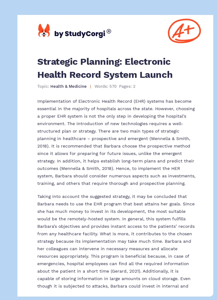 Strategic Planning: Electronic Health Record System Launch. Page 1