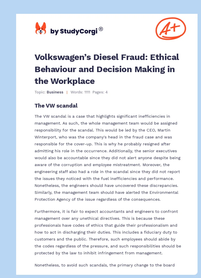 Volkswagen’s Diesel Fraud: Ethical Behaviour and Decision Making in the Workplace. Page 1