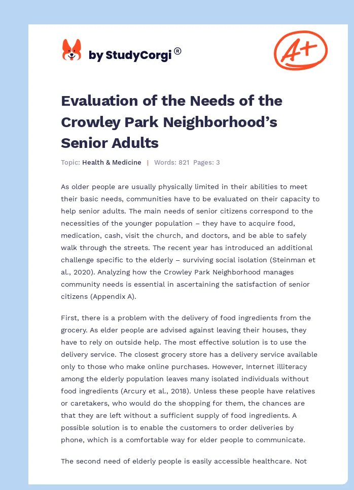 Evaluation of the Needs of the Crowley Park Neighborhood’s Senior Adults. Page 1