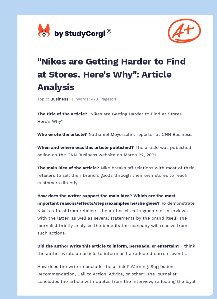 "Nikes are Getting Harder to Find at Stores. Here's Why": Article Analysis. Page 1