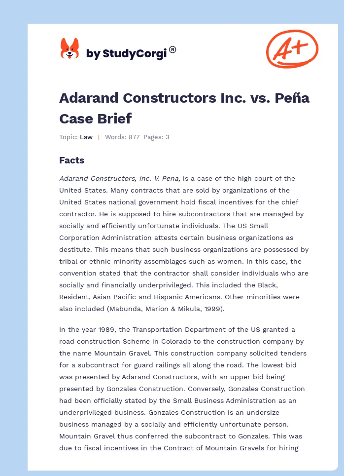 Adarand Constructors Inc. vs. Peña Case Brief. Page 1