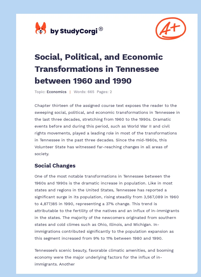 Social, Political, and Economic Transformations in Tennessee between 1960 and 1990. Page 1