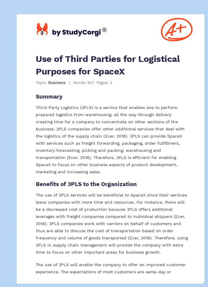 Use of Third Parties for Logistical Purposes for SpaceX. Page 1