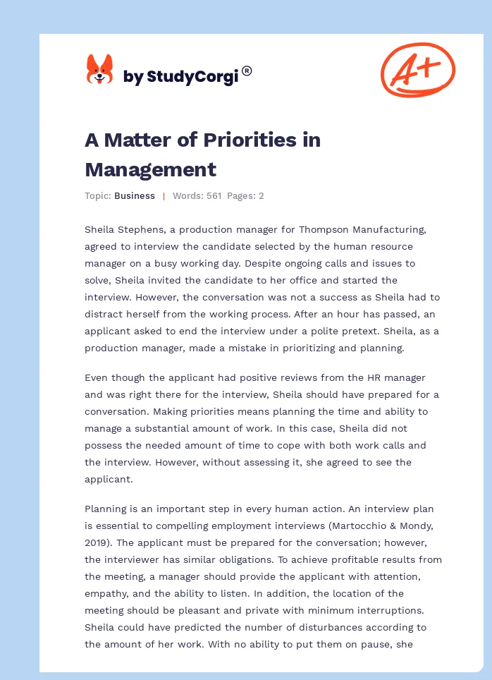 A Matter of Priorities in Management. Page 1