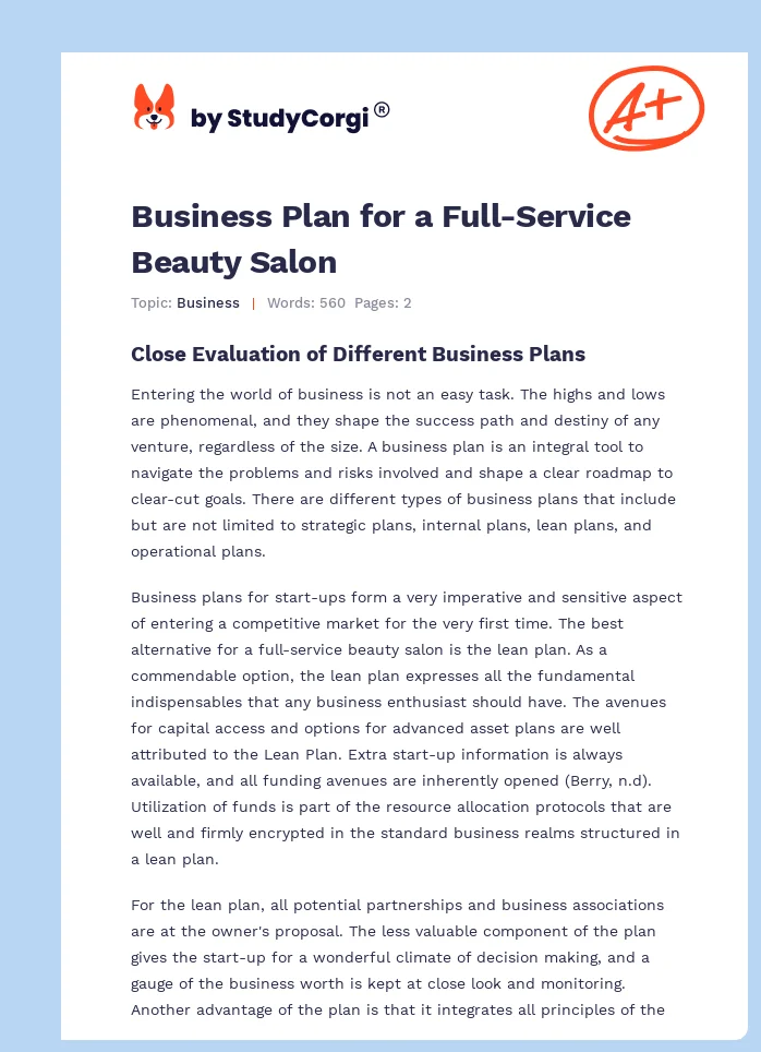 Business Plan for a Full-Service Beauty Salon. Page 1