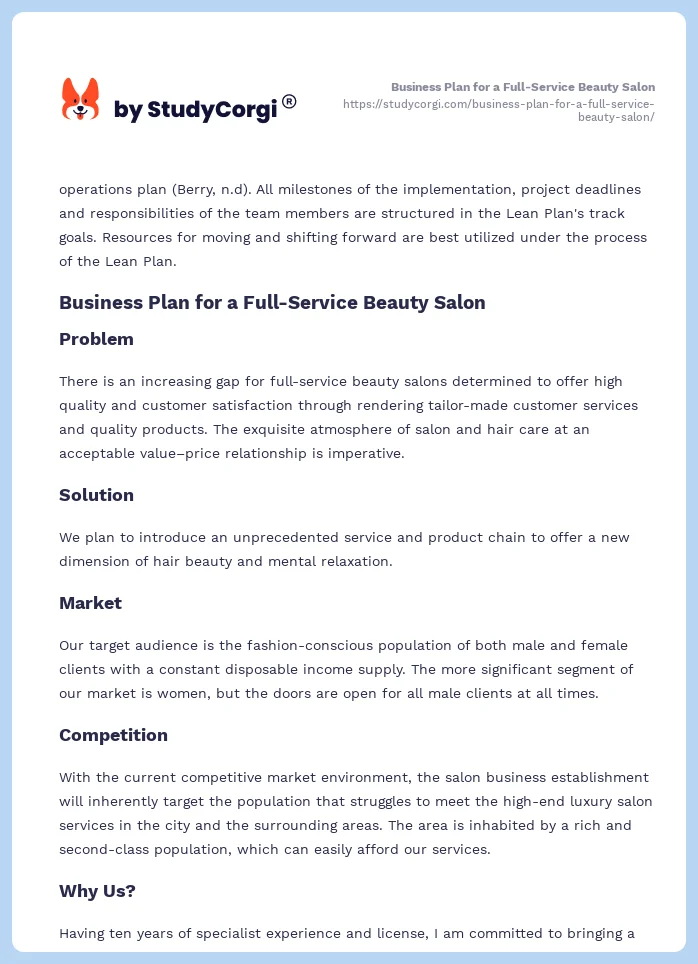 Business Plan for a Full-Service Beauty Salon. Page 2