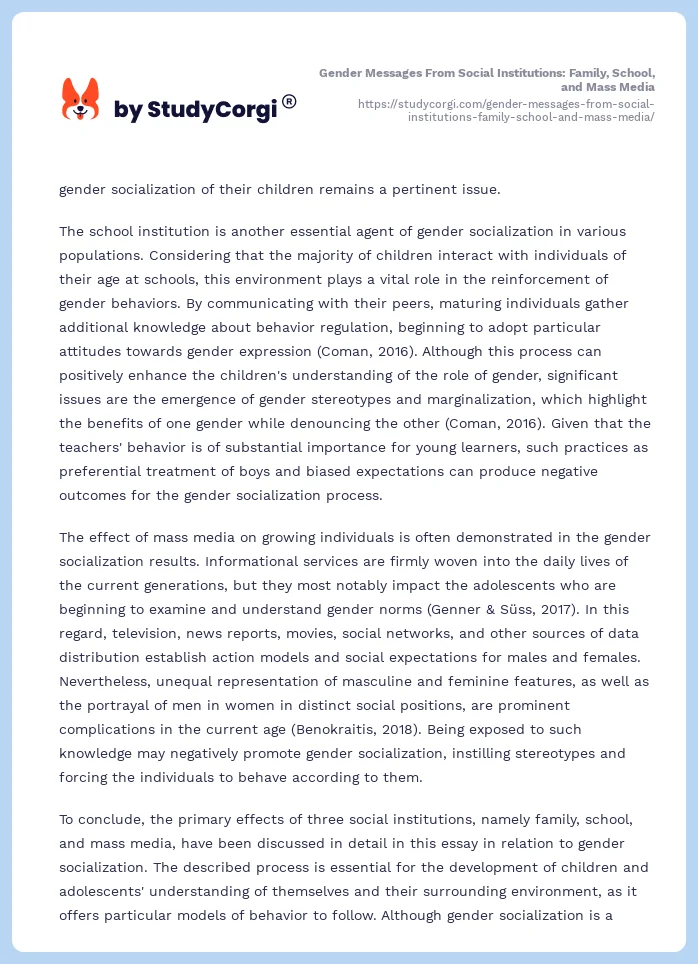 Gender Messages From Social Institutions: Family, School, and Mass Media. Page 2