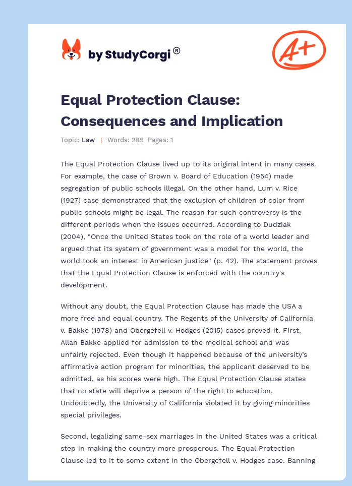 Equal Protection Clause: Consequences and Implication. Page 1